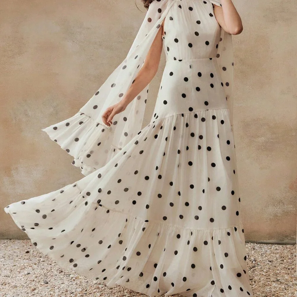 Beige Elegant Women's Long Polka Dot Flared Hem Dress